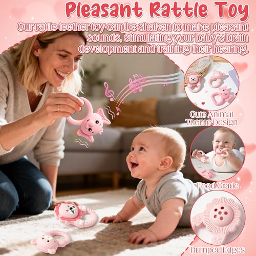 Image of 3Pcs Silicone Teether for Babies Girls, BPA Free Rattle Teething Toys | Pink Bear Lion Elephant Baby Rattle, Food Grade Teething Relief Sensory Toy, Sore Gums Pain Chew Toy for Newborn, 6-12 Months