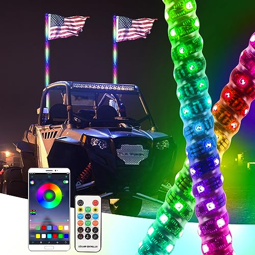 3FT LED Whip Light Chasing Color for UTV ATV 4 Wheeler Powersports Accessories, APP & RF Wireless Remote, Weatherproof RGB 5050 LED Lighted Whip Antenna with USA Flag for RZR Can-Am Polaris, 2pcs