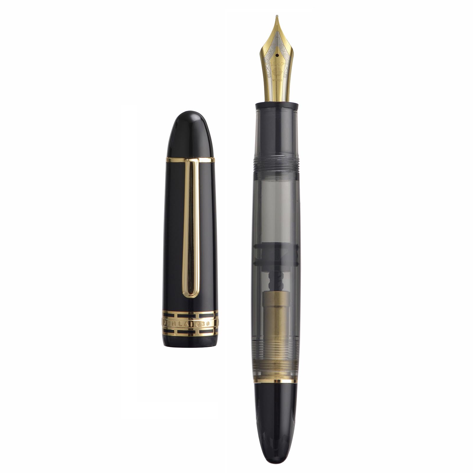 Wikult Yongsheng 630 Acrylic Fountain Pen, Size 8 Medium Nib with Piston Filling System, Piano Black Transparent Barrel with Torpedo Shape Design Smooth Writing Pen (Gold Trim) โ image 1
