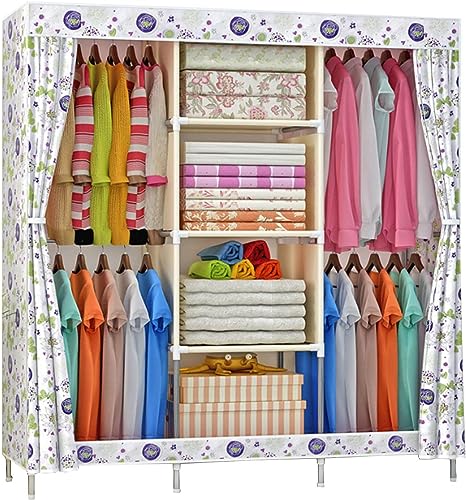 Kledingkast Draagbare Kledingkast Planken Kledingkast Opbergorganisator Met Ophangrail, Planken, Hoes voor Slaapkamer, Woonkamer, Wit-129x45x177cm
