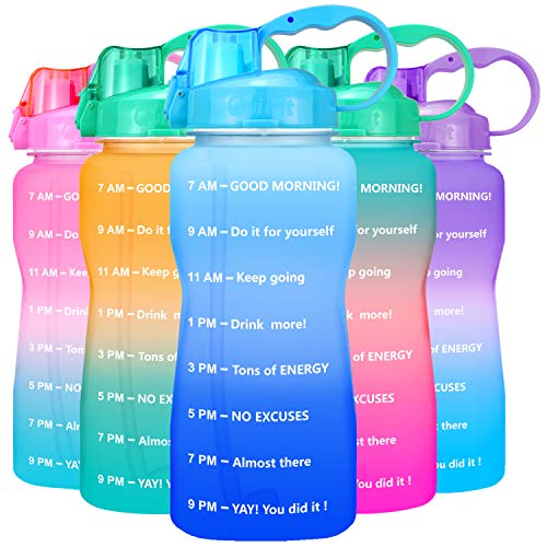 BuildLife Half Gallon Water Bottle - 64oz Motivational Time Marker & Straw BPA Free Reusable Large Leakproof Portable Water Jug for Fitness Outdoor Sports Camping (005.Blue-A, 64OZ)