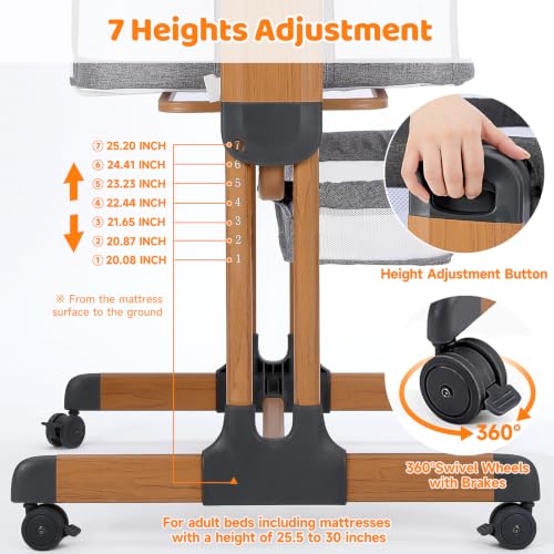 Image of Ezebaby 3-in-1 Baby Bassinet, Rocking Baby Bassinets Bedside Sleeper, Adjustable Portable Crib for Newborn Infant with Wheels Storage Basket and Mesh Sides