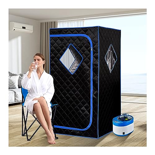 ZONEMEL Personal Portable Steam Sauna, Full Size Sauna Tent, 1500 Watt 4 Liter Steamer with Remote Control, Timer, Portable Sauna Chair for Home Saunas (L 33.8' x W 33.8' x H 65.7', Blue Border)