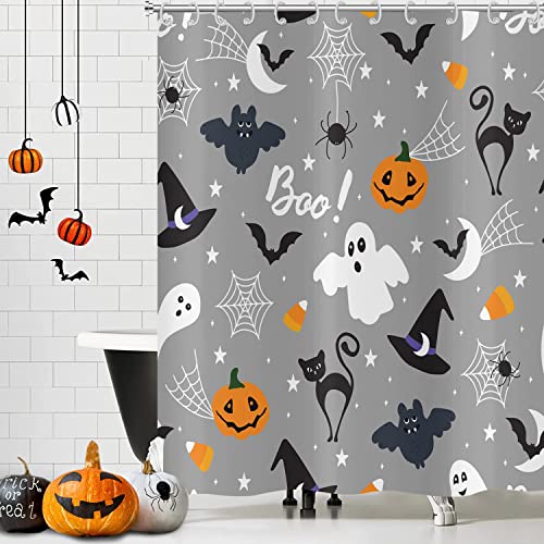 Hnmdmyi Duschvorhang Halloween 180x200, Lustiger Kürbis Schwarze Katze Hexenhut Spinne Geist Fledermaus Grau Badewanne Vorhang Kinder Urlaub Wasserdicht Polyester Stoff Waschbar Badevorhang mit Haken
