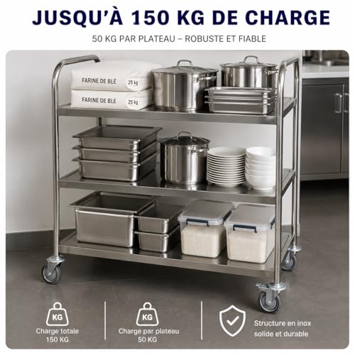 Arredo Chef Chariot de Service INOX Professionnel 3 Niveaux – 84,5 x 52,5 x 94 cm – Charge 150 kg – 4 Roues Pivotantes 2 avec Freins – Desserte INOX Cuisine Professionnelle, Restaurant, Collectivité – vue 4