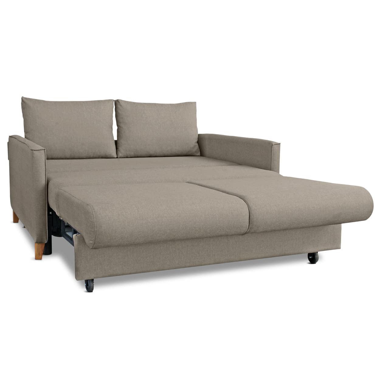 EVERGREENWEB - Divano Letto 2 Posti Matrimoniale L165xP110xA90 con Box Contenitore, Struttura Pieghevole Imbottita Tessuto Tortora, Schienale a Doppio Cuscino, Sofà con Chaise Longue Estraibile MARGOT