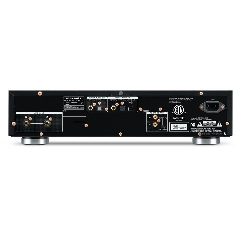 Rear panel of the Marantz SA8005 Super Audio CD Player, displaying various audio input and output ports, including analog, coaxial, optical, and USB-B.