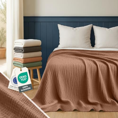 Blumtal Plaid Sofa Verano Algodón 150 x 200 cm - Manta Sofa Verano Muselina con certificación Oeko-Tex - Cubrecolcha Blanket 150 x 200 - Cubresofá - Manta de algodón 100%-Manta para sofá Cobre