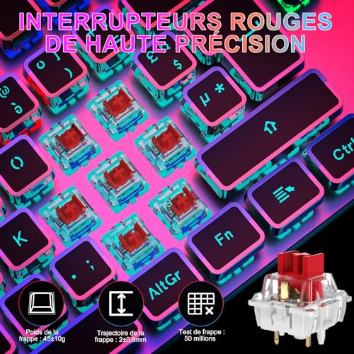 TECURS Clavier Gaming Mécanique - Clavier Gamer Programmable avec Repose-Poignet Magnétique, Switchs Rouges, 19 Modes LED, Touches Multimédia, Clavier AZERTY PC/Wins/PS4