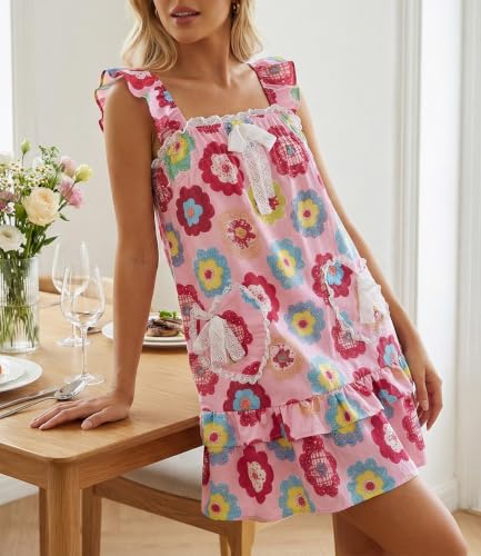 Image of Women Tie Shoulder Mini Dress Floral Ruffle Babydoll Dress Boho Square Neck Sundress Cute Summer Dresses