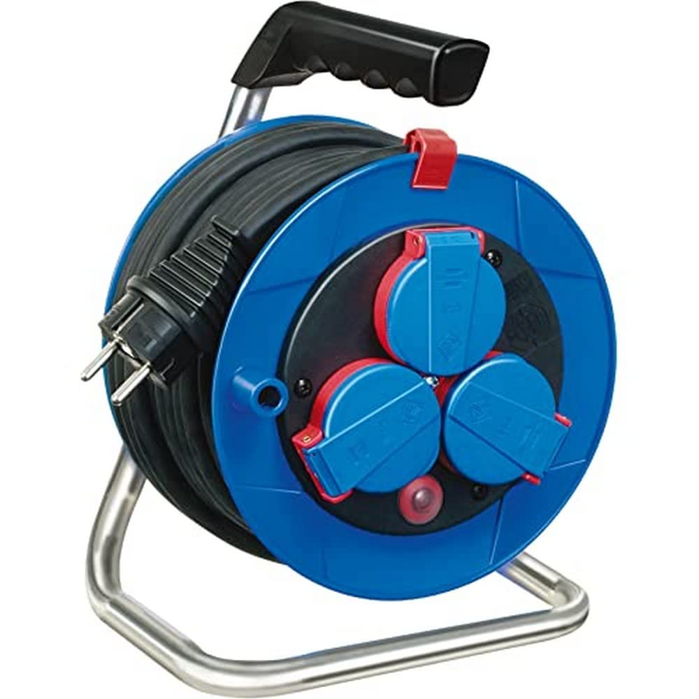 Brennenstuhl Garant enrollacables con alargador de 15 m, IP44 y 3 tomas de corriente (cable BREMAXX, para exteriores, con termostato, Made in Germany) azul