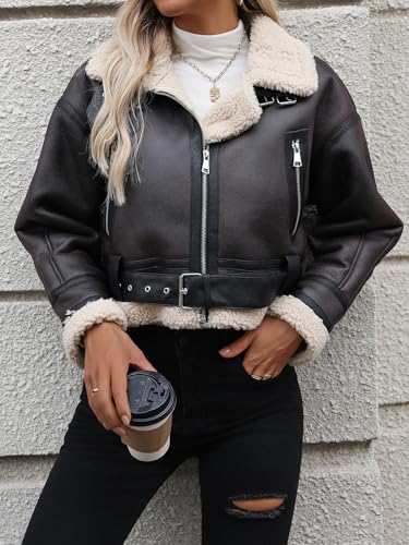 Winter Women Faux Lamb Fur Leather Jacket Warm Fur Lined Zipper Cropped Bomber Aviator Coat4