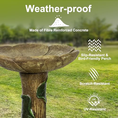 Image of SunJet 24 inch High x 19 inch Diameter Outdoor Bird Bath with Tree Stump Leaf Design - Fibre Reinforced Concrete Birdbaths for Garden, Patio, Yard, Lawn Decor