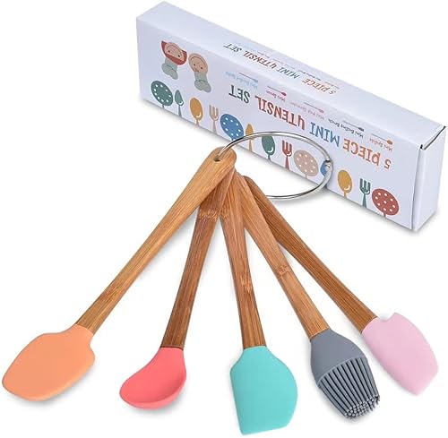 Espátula de silicona de 5 piezas,Mini espátula de goma mango de madera,Juego de espátula de silicona resistente al calor, utensilios de cocina