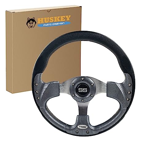 Huskey 12.5 Inch Racing Style Carbon Fiber Golf Cart Steering Wheel for Club Car/EZGO/Yamaha,Classic SS Center Logo,Brushed Aluminum Spokes and Anti-Slip Grip(Adapter Required and Sold Separately)…