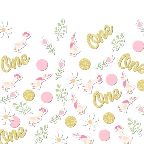 Image of 220PCS One Silly Goose Birthday Decor for Girl, Goose Dot Leaves Flower 1st Birthday Confetti for Pink and Gold First Bday Decorations.