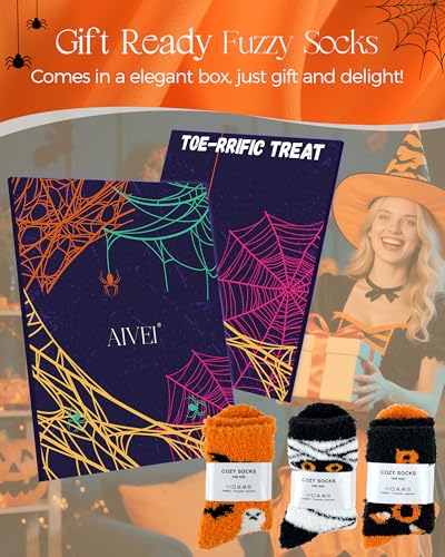 72-Needle Buttery Soft Halloween Fuzzy Socks for Women Girls, Cozy Funny Crazy Cute Fluffy Warm Slipper Socks 3 Pairs, Halloween Gifts Boo Spooky Basket Stuffers3