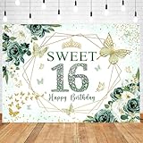 InMemory Sweet 16 Birthday Backdrop Floral Green Roses Glitter Gold Butterfly Princess Girls Sixteen 16th Birthday Theme Party Decoration Banner Bday Cake Table Background 6x4ft