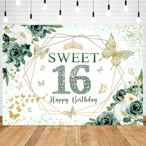 InMemory Sweet 16 Birthday Backdrop Floral Green Roses Glitter Gold