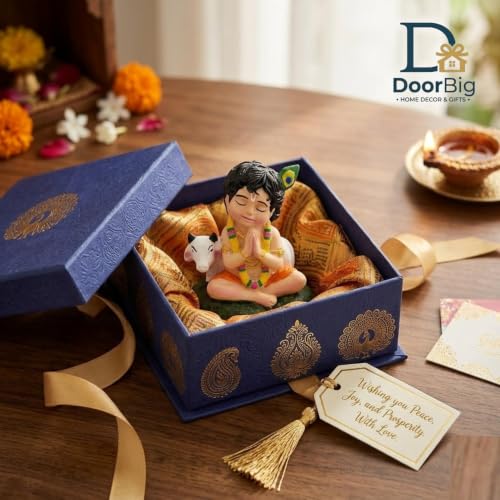 Image of Bal Gopal Krishna Statue with Holy Cow - Small Resin Krishna Idol for Puja Room, Living Room Decoration Items, Janmashtami Gift & Home Inauguration Return Gifts
