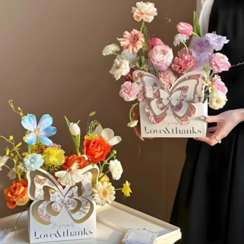 Image of Oasis Pack of 10 Luxury Butterfly Style Flower Paper Baskets - Pink Cardboard Bouquet Gift Boxes - Decorative Floral Arrangement Containers - Elegant Packaging for Fresh Flowers, Hampers, Weddings & Gifting - 5764 (P-10)