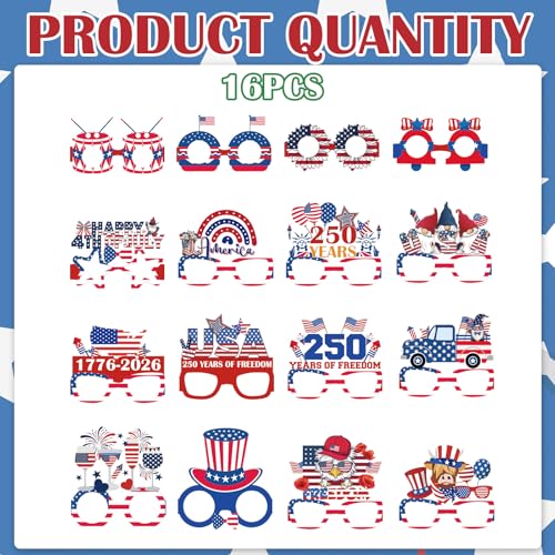 EngoEagle 250th Anniversary Eyeglasses Decorations, 16 Pcs American Patriotic Party Paper Glasses, 4th of July Photo Booth Props for Independence Day Memorial Supplies (Red White and Blue) by EngoEagle - Used condition - Image 3