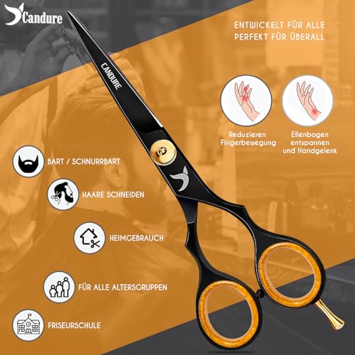 Candure Friseurschere met Kam & Leren Etui 6.5' – Haarschneideschere voor Professionele Kappers, Barbiers & Persoonlijk Gebruik voor Volwassenen en Kinderen (Zwart)