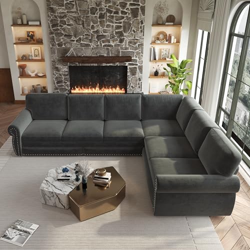 Image of KEIKI 118 inch L-Shaped Sofa Couch with Pull Out Sofa Bed, Convertible Sleeper Sectional with Rolled Arm and Nailhead Trim, Chenille Upholstered 6 Seater Couch, Dark Gray