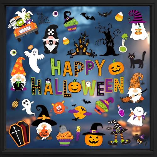 Whaline 9 Sheets Happy Halloween Window Cling Stickers Cartoon Pumpkin Ghost Gnome Window Decals Cute Reusable Decoration for Halloween Holiday Party Home Classroom