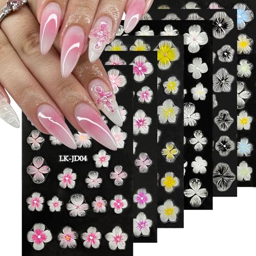 Flowers Nail Stickers 5D Embossed Nail Art 6 Sheets Colorful Nail...
