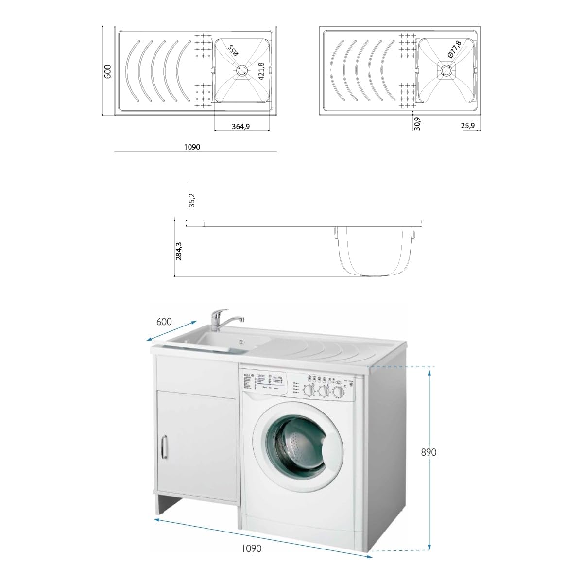 Negrari Garden Kit Montaggio Mobile Lavatoio Coprilavatrice Vasca SX Sinistra Copri Lavatrice DX Destra Resistente Acqua Acidi Asse Lavaggio Polipropilene Esterno Interno L109 P60 109x60 H92 cm