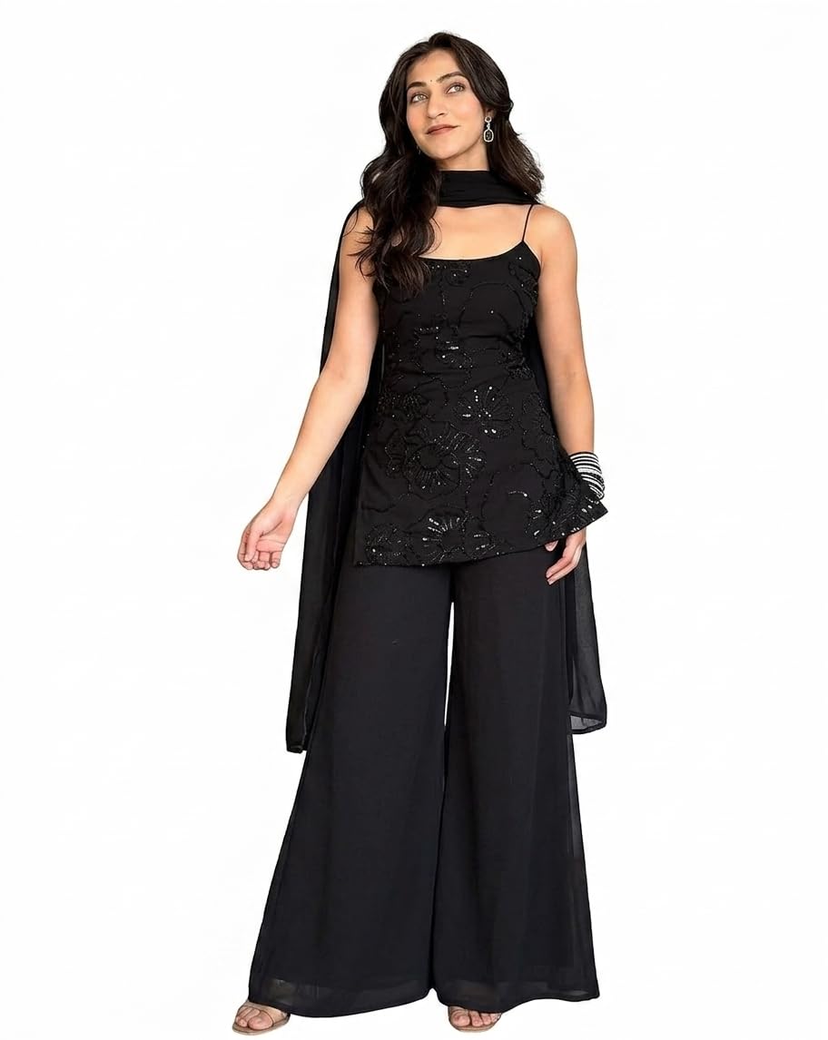 zetaki Sequin Embroidered Women's Kurta Palazzo Set with Dupatta | Wide Leg Palazzo with Sheer Dupatta for Women | Indo Western 3 Piece Women Kurta Palazzo Set-picture-49