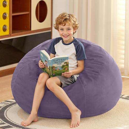 Image of HABUTWAY 2FT Bean Bag Chair, 2' Beanbags Small Bean Bag Chairs with Filling, Teardrop Bean Bag Chair Luxurious Velvet Ultra Soft Fur with Removable Cover (Purple)