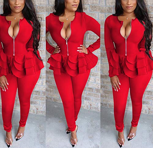 Two Piece Clubwear For Women- Long Sleeve V Neck Peplum Ruffle Raw Hem Pullover Tops Bodycon Long Pants Sets Tracksuit 3-Red M #TOP3
