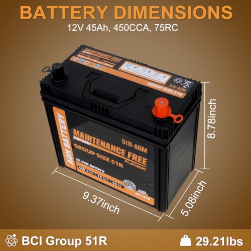 Image of Autocessking Group Size 51R Start and Stop AGM Automotive Battery, 12V 45Ah, 450 CCA, 75 RC Rechargeable Car Battery, 36 Months Warranty