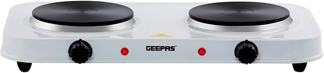 Geepas 2000W Double Hot Plate for Precise Table Top Cooking | Cast Iron Heating Plates | Portable Electric Hob Double Burner with Adjustable Thermostat for Home Kitchen Camping Caravan Cooking Compact