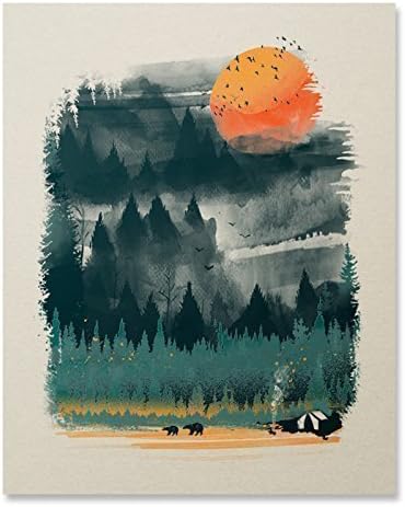 Wilderness Nature Art Print Camping Lover Print Outdoor Inspiration Poster Wildlife Mountain Pine Tree Landscape Wall Art Bear Print Hiking Forest National Park Decor 8 x 10 Unframed Artwork