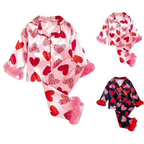 Kids Girls Satin Silk 𝐏ajamas Set Cute Heart Lightweight Button Long Sleeve 𝗦leepwear Elastic Waist Pants Set