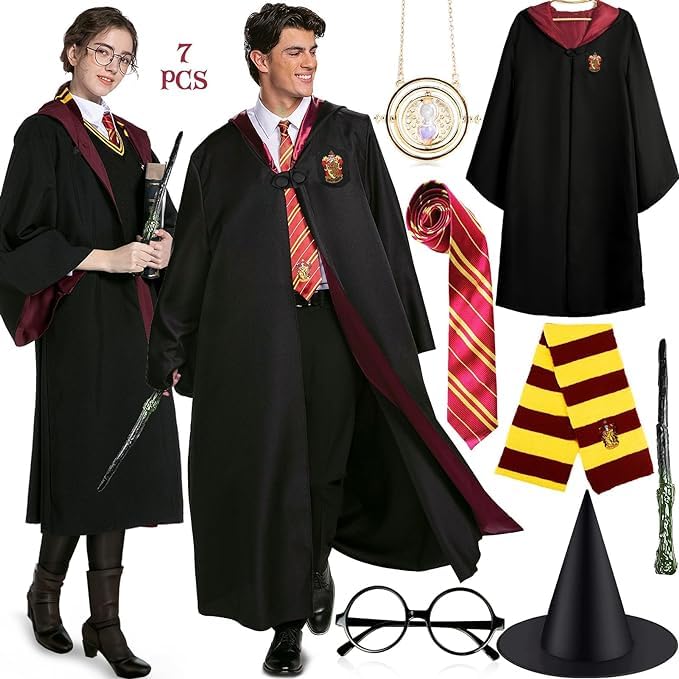 NCKIHRKK Disfraz Harry Potter para Adulto, Disfraz Mago con Varita, Corbata, Sombrero, Gafas y Bufanda, Disfraz Hermione Adulto College Cosplay para Halloween, Navidad, Carnaval y Cumpleaños, M