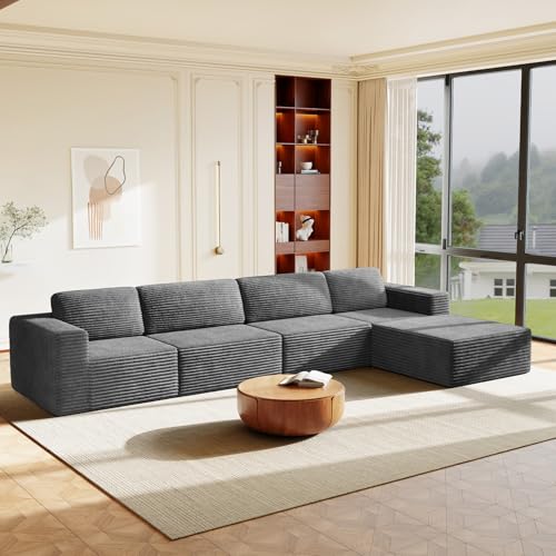 Image of Vesgantti 159 inch Large Modular Sectional Sofa, L-Shaped Corduroy Cloud Couch with Deep Seats & Spring Support, 4-Seater Boneless Sofa with Movable Ottoman, No Assembly Needed, Grey