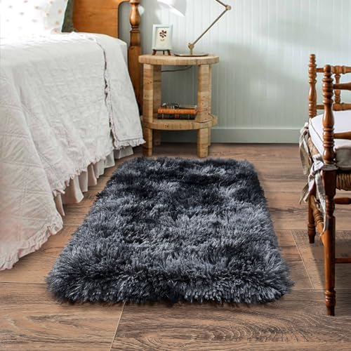 Small Area Rug, 2x3 Rug for Bedroom Shaggy Throw Rugs for Dorm Rug, Soft Tie Dyed Carpet for Kids Room, Plush Comfy Fluffy Bedside Rug for Home Decor Aesthetic, Dark Grey