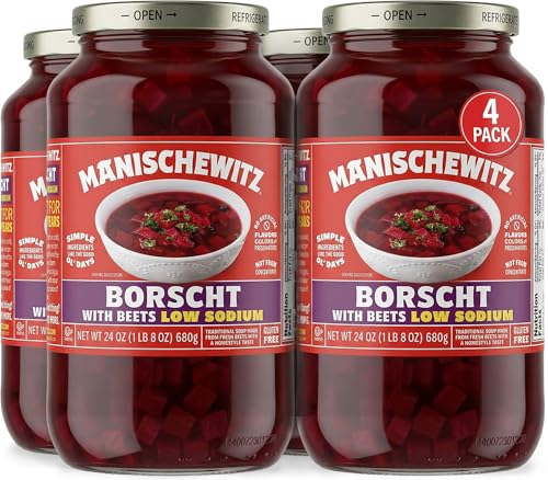 Manischewitz Low Sodium Borscht, 24 oz (4 Pack) | Ready-to-Serve Beet Soup | Sweet & Tangy Flavor | Gluten-Free, Vegetarian | Kosher (including Passover)