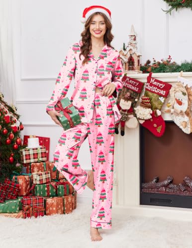 Image of Ekouaer Women's Classic Button Down Long Satin Silk Pajama Set