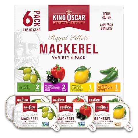 King Oscar Skinless & Boneless Mackerel Variety Pack, 4.05 Ounce Cans (Pack of 6), Skinless & Boneless, Wild Caught Canned Mackerel Cover