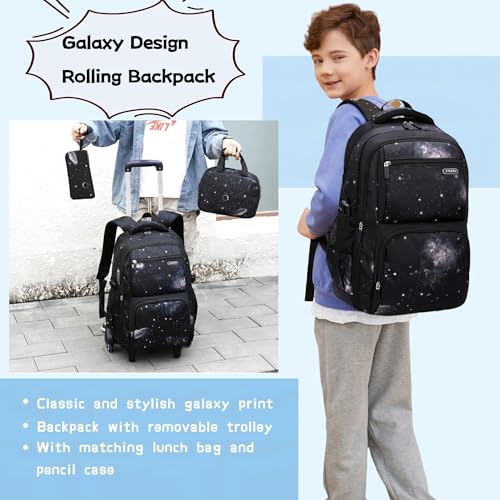 3Pcs Galaxy Boys Rolling Backpack Set with Lunch Bag, Galaxy Print Kids Backpack for Boys with Wheels - Image 3