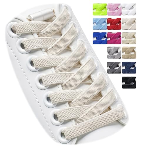 Puzeam 2 Paar Elastische Schnürsenkel, flach, mit Metallkapsel - Schuhbänder ohne binden für Kinder Erwachsene Schuhe, GummiSchürsenkel Grau weiß 120