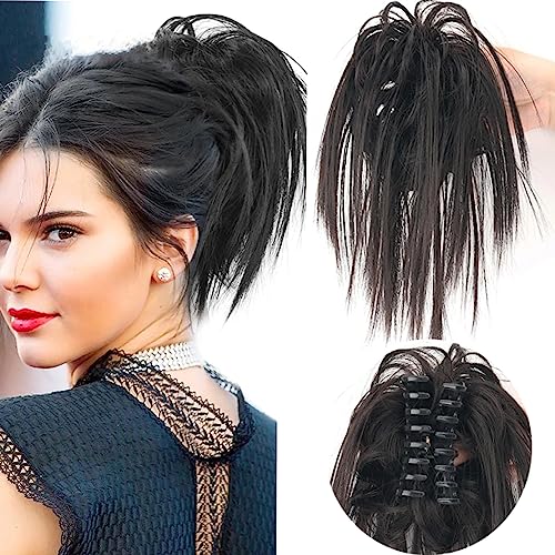 Funyn Claw Clip Messy Hair Piece Tousled Updo Messy Hair Bun Hair Scrunchies Synthetic Wavy Curly Chignon Hair Extension Ponytail Hairpieces for Women (Black)
