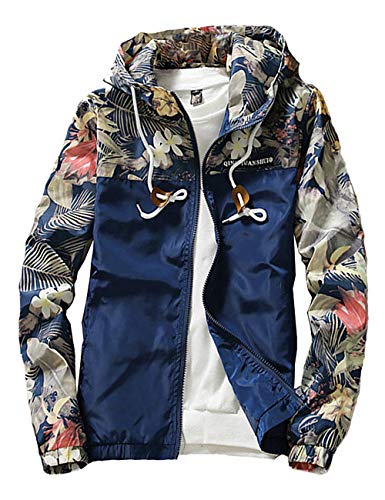 Rexcyril Men's Windbreaker Jacket, Floral Bomber Jacket Hooded Lightweight Zip-up Drawstring Flower Coat Navy Blue Medium