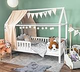 Alcube Hausbett 90x200 cm Henni Premium mit Rausfallschutz, Lattenrost ohne Bettkasten | Stabiles Haus Bett für Mädchen & Jungen | Kinderbett 90 x 200 cm aus Buchenholz Jugendbett Massivholz in Weiß