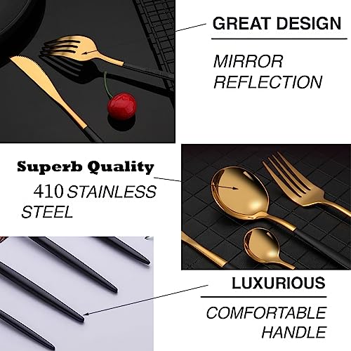 Image of Stainless Steel Black Gold Cutlery Set for 6 Person with Gift Box 24 Pieces Mirror Finish Luxury Premium Flatware Set for Dining Table Hotel Cafe Bar Restaurant House Warming Gifts